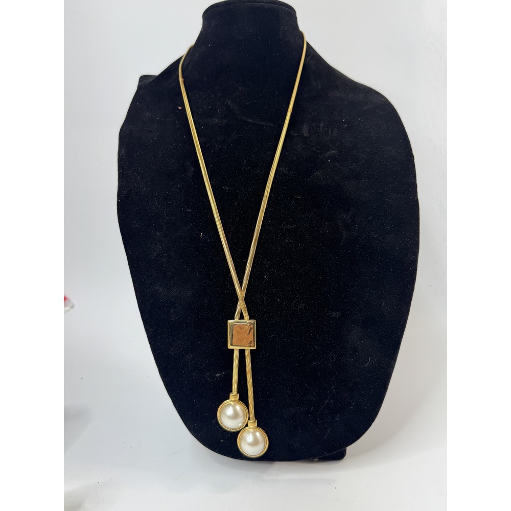 Vintage Napier Gold Tone Snake Chain Lariat Necklace Faux Pearl Drops Slider